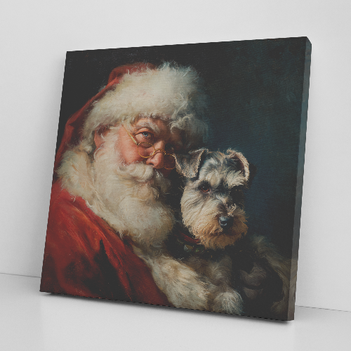 Santa holding Schnauzer dog canvas print