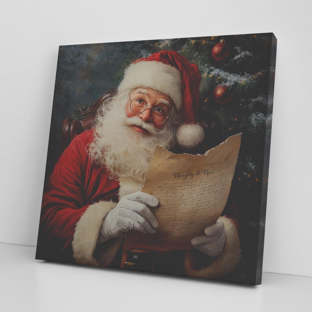 Santa art with naughty or nice list on canvas in front of tree