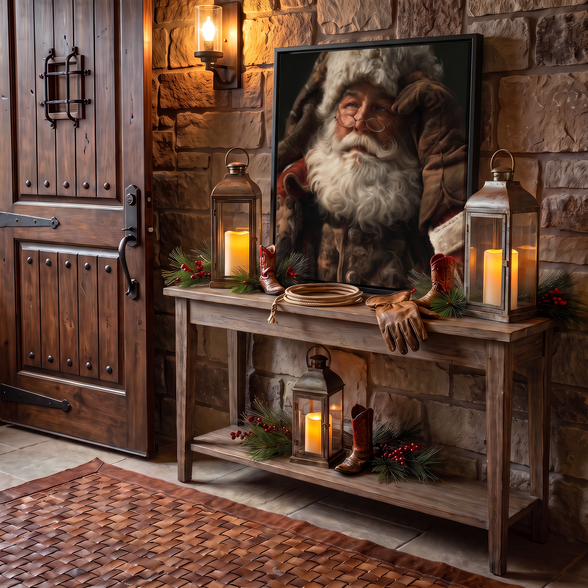Camo Santa canvas in a black frame on a rustic console table with candle lanterns, leather work gloves and a coiled rope beside a timber door