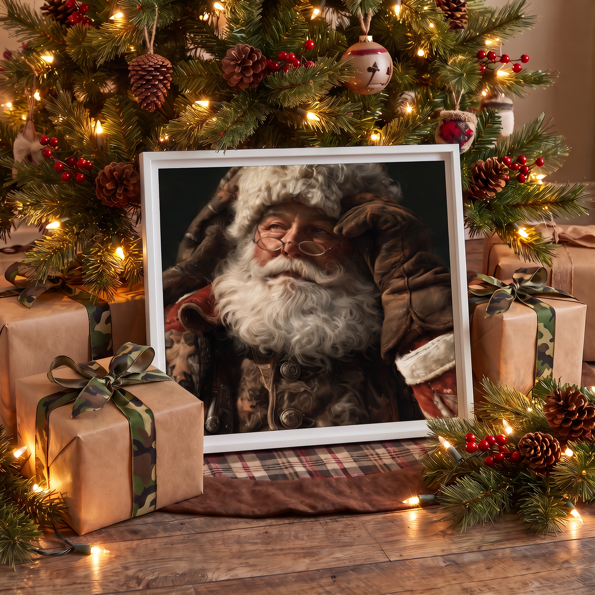 The same camo Santa canvas in a white frame at the foot of a lit Christmas tree with camouflage wrapped gifts, shown for comparison with the black frame