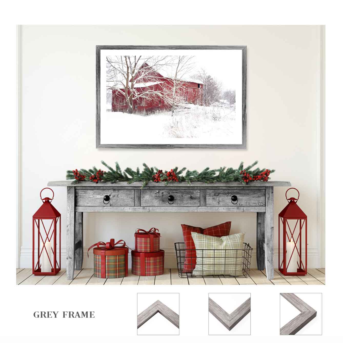 Snowy Barn Canvas in gray frame