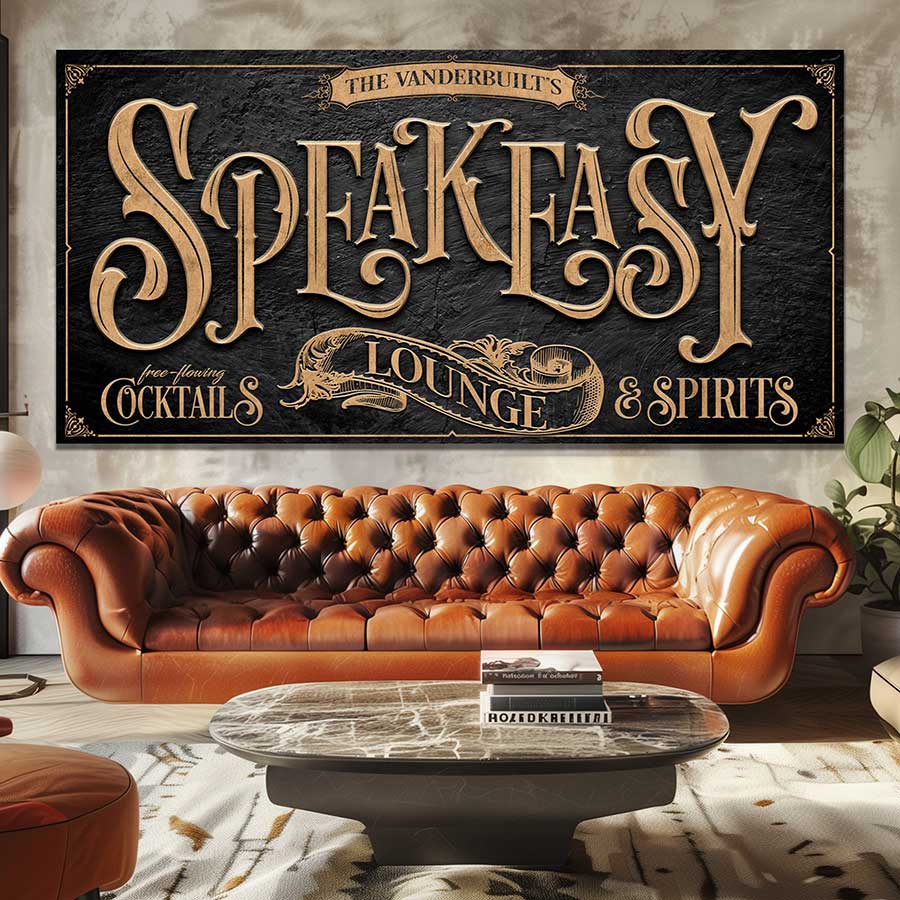 Speakeasy Lounge sign in black and gold with textured background