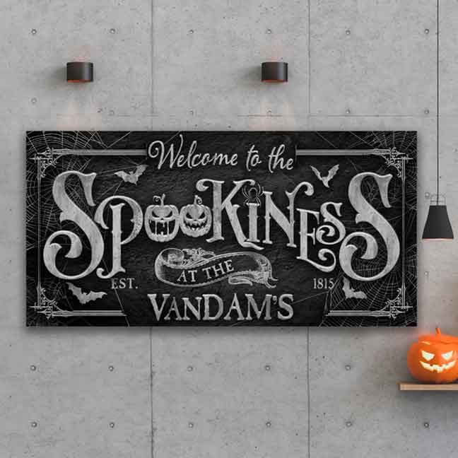 Spooky Halloween Wall Decor with black stone and the words: Welcome to the spookiness at the VanDams