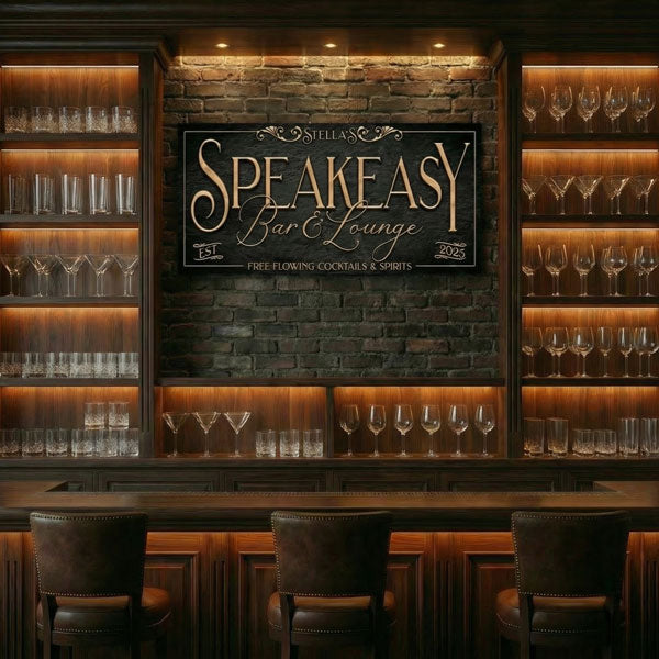 stella's speakeasy bar sign in a basement bar setup