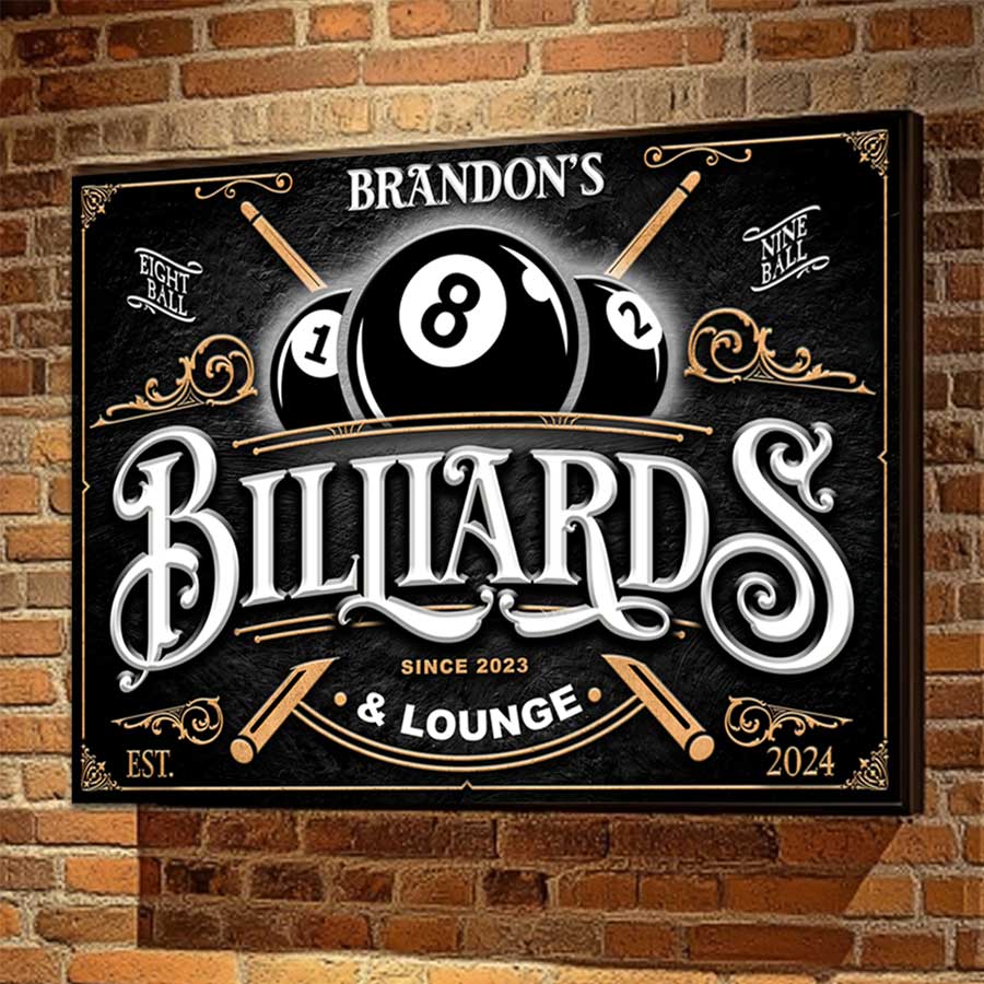 Tailor Made Rooms billiards room decor sign on black texture with 8 ball and the words Billiards personalized.