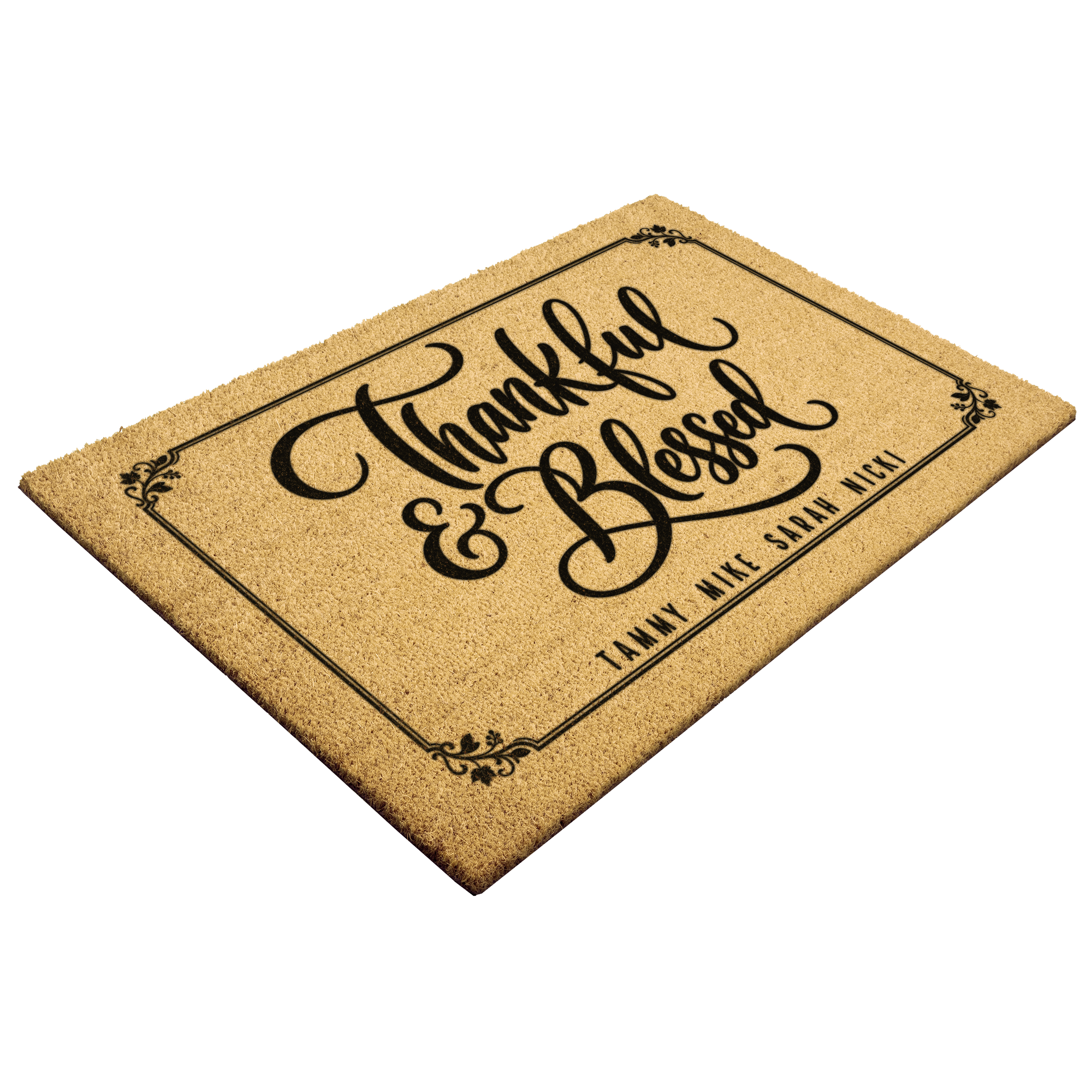 Fall doormat with family names angled view showing bristle texture and black backing