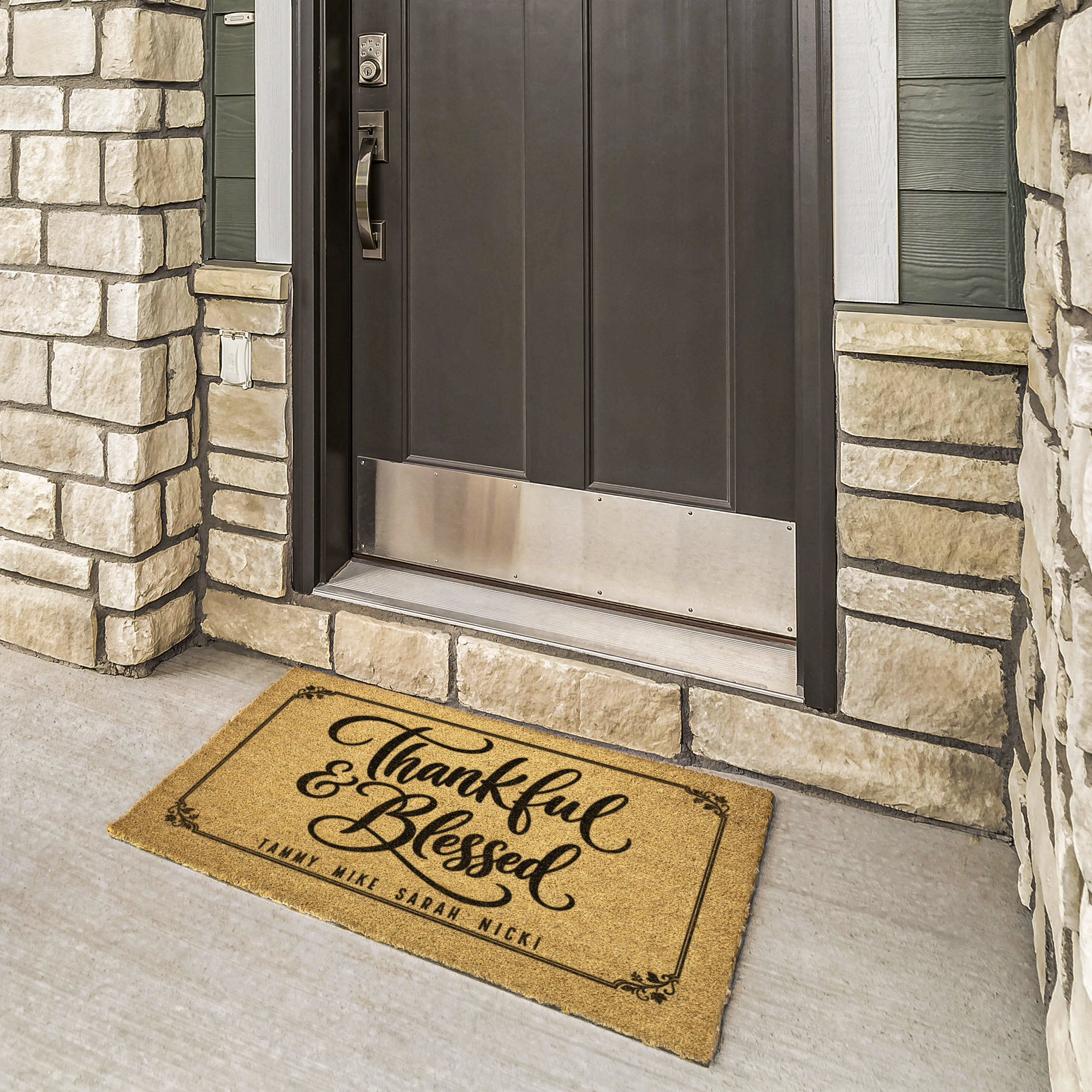 Custom family names fall doormat at front door for Thanksgiving seasonal decor
