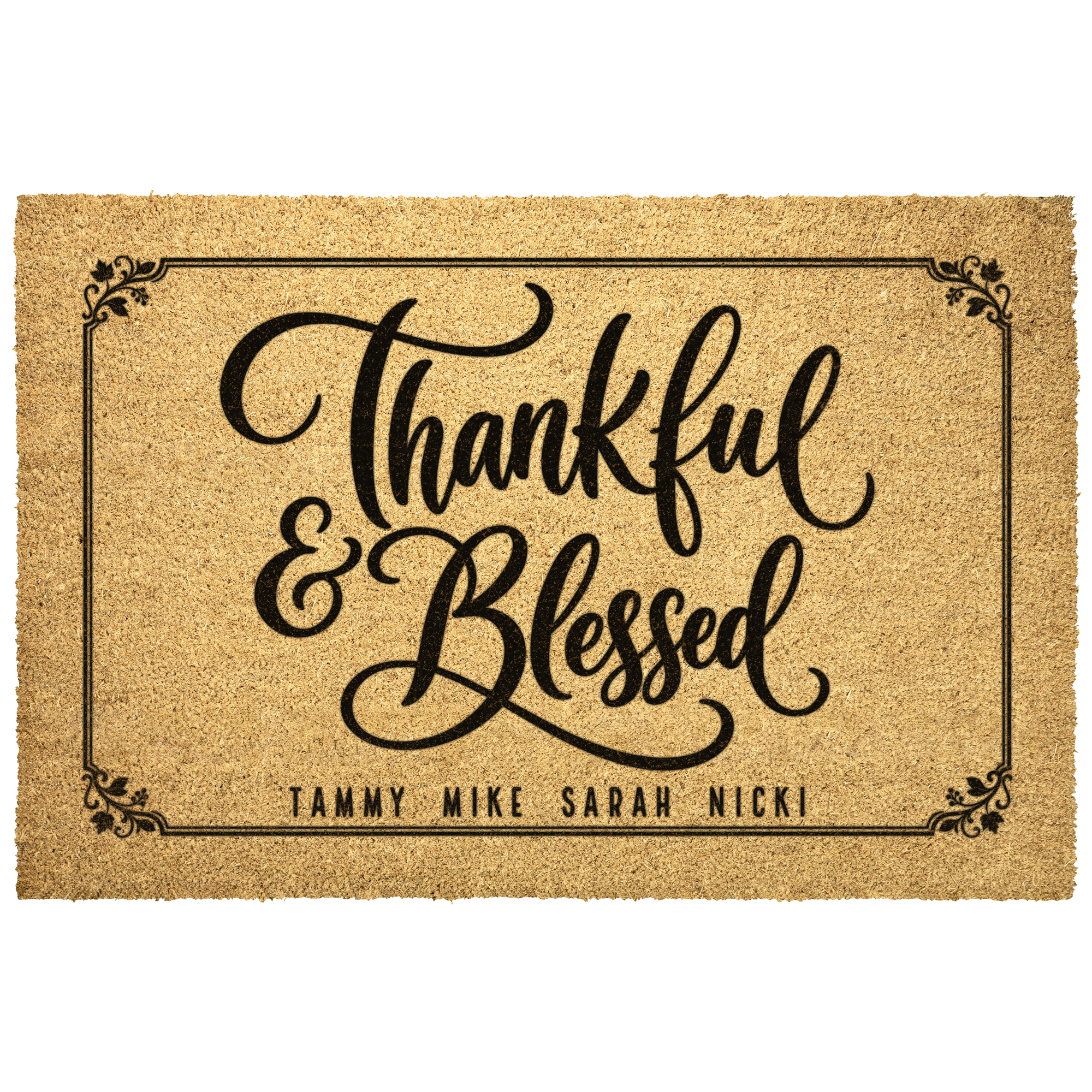 Thankful and Blessed Fall Doormat with Names front view on golden coir mat