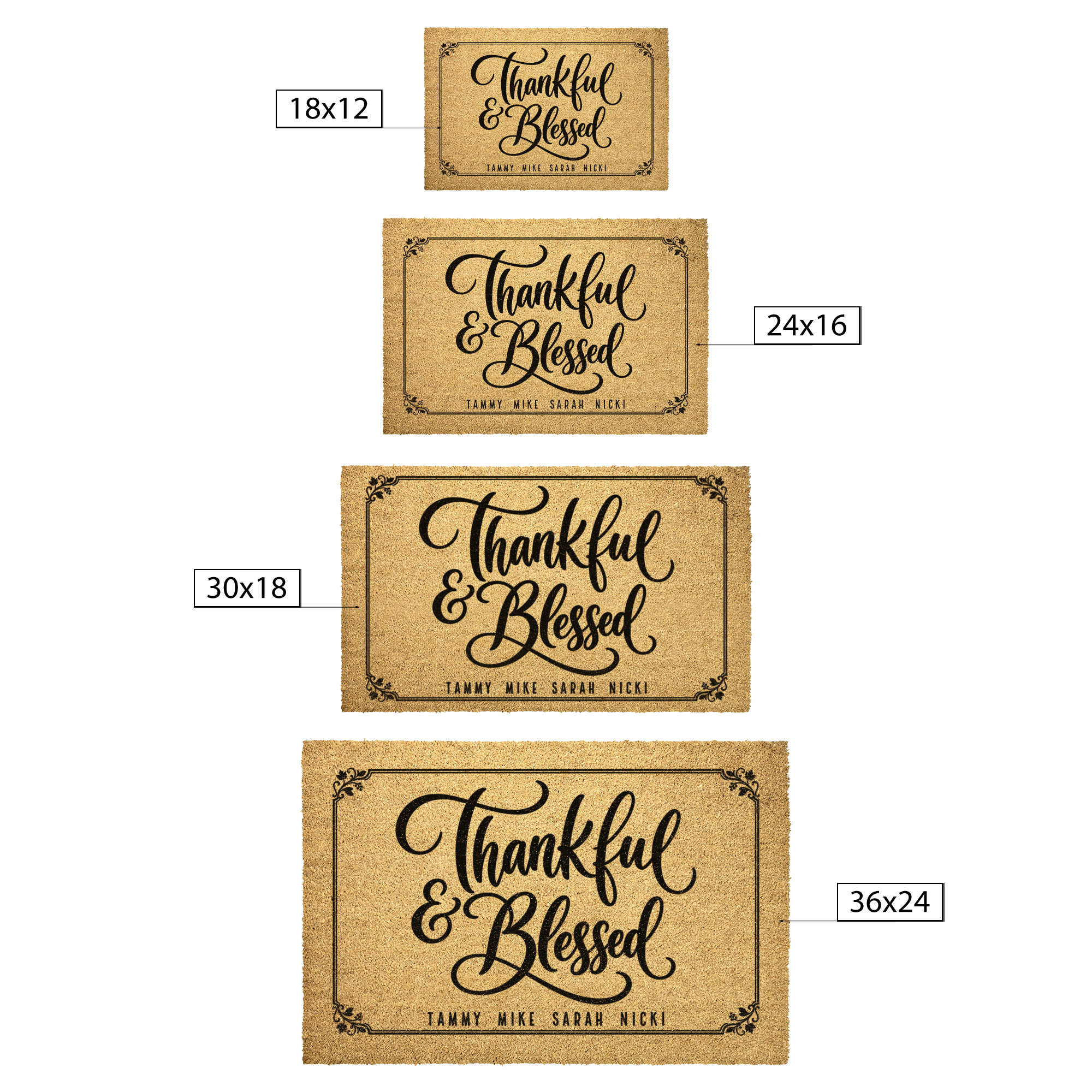 Size guide for Thankful and Blessed doormat with names showing 18x12 to 36x24 sizes