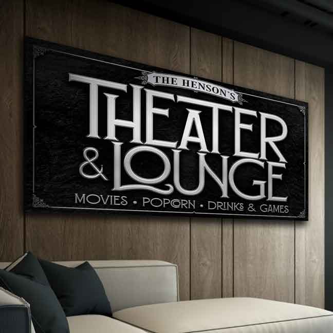 personalized theater and lounge sign on black texture and silver letters.