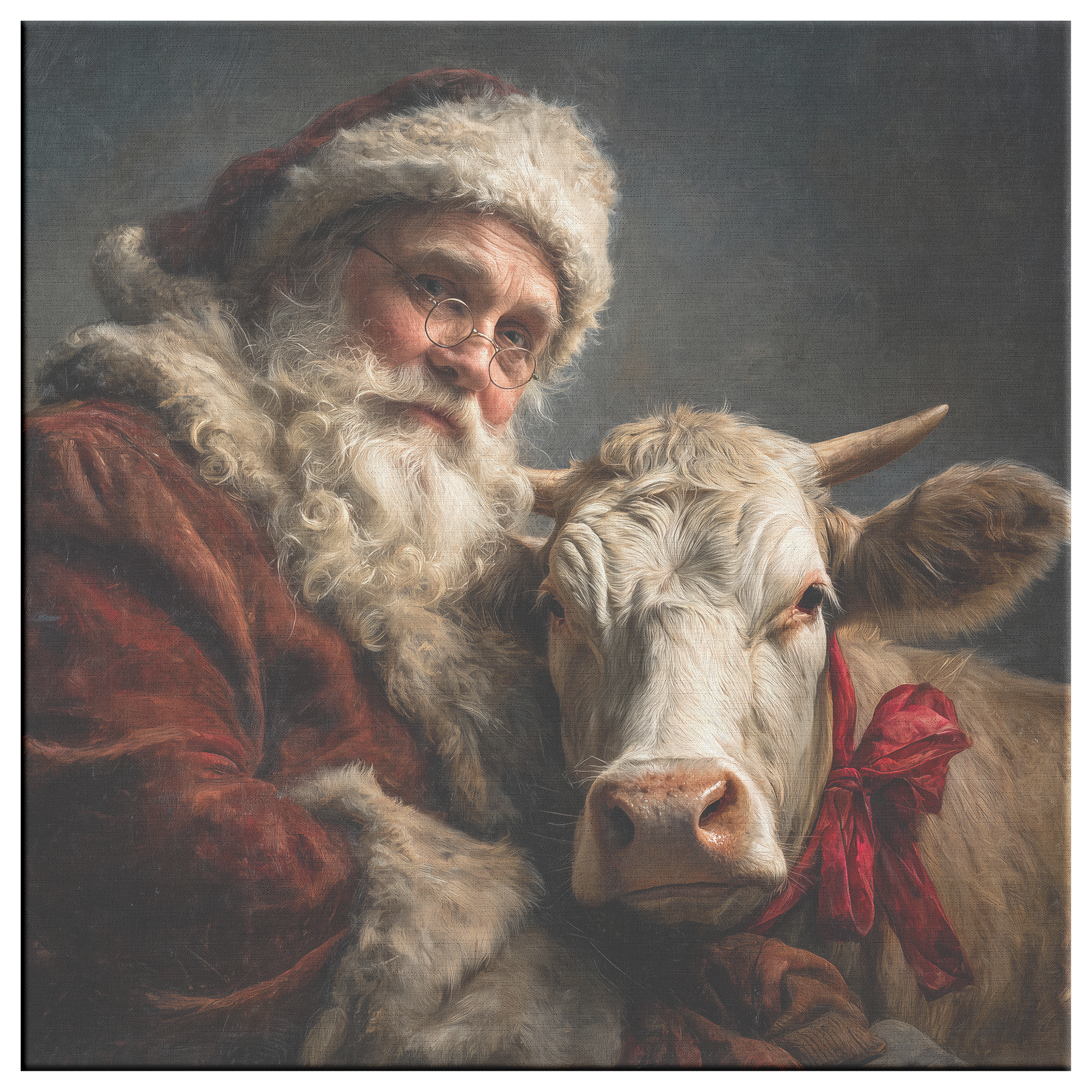 Vintage Santa holding a cow—classic canvas portrait