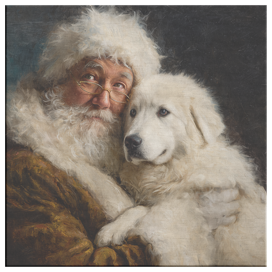 Vintage Santa with Great Pyrenees dog canvas print