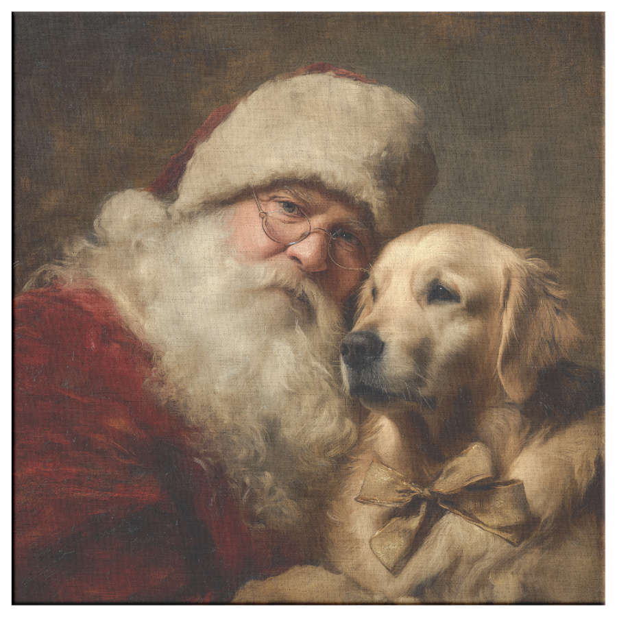 Vintage Santa holding a Golden Retriever—canvas portrait
