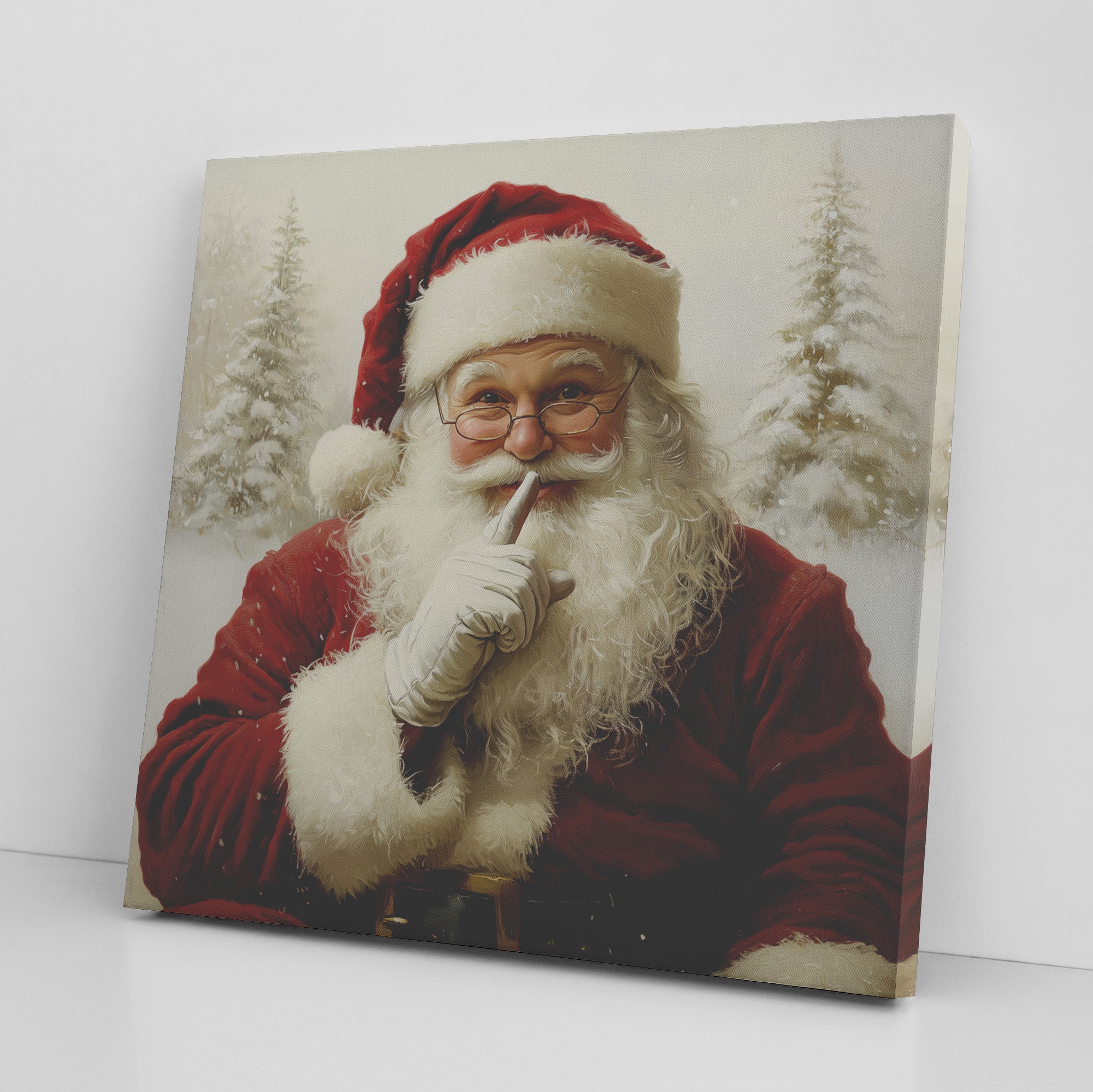 vintage santa canvas print wall art of santa with finger  at lips