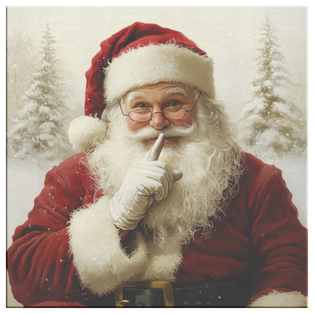 vintage santa print shhhh with his finger with pine treed with snow
