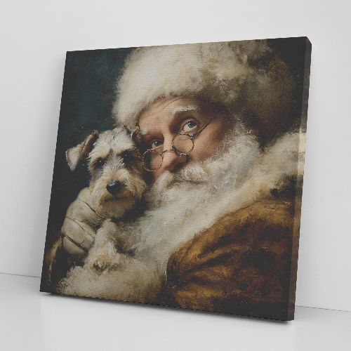 Vintage Santa holding a Schnauzer —canvas portrait