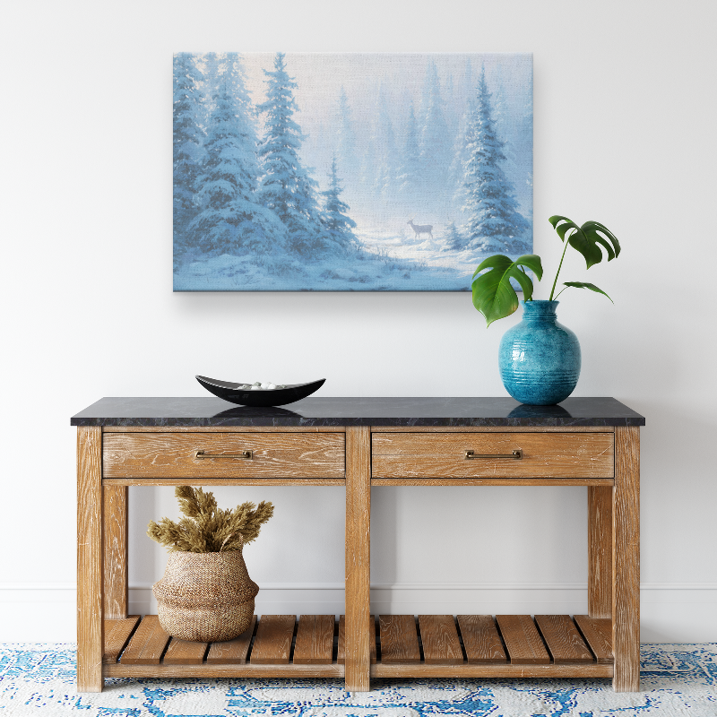 winter wall decor deer art scene of deer in a snowy forest in sunshine