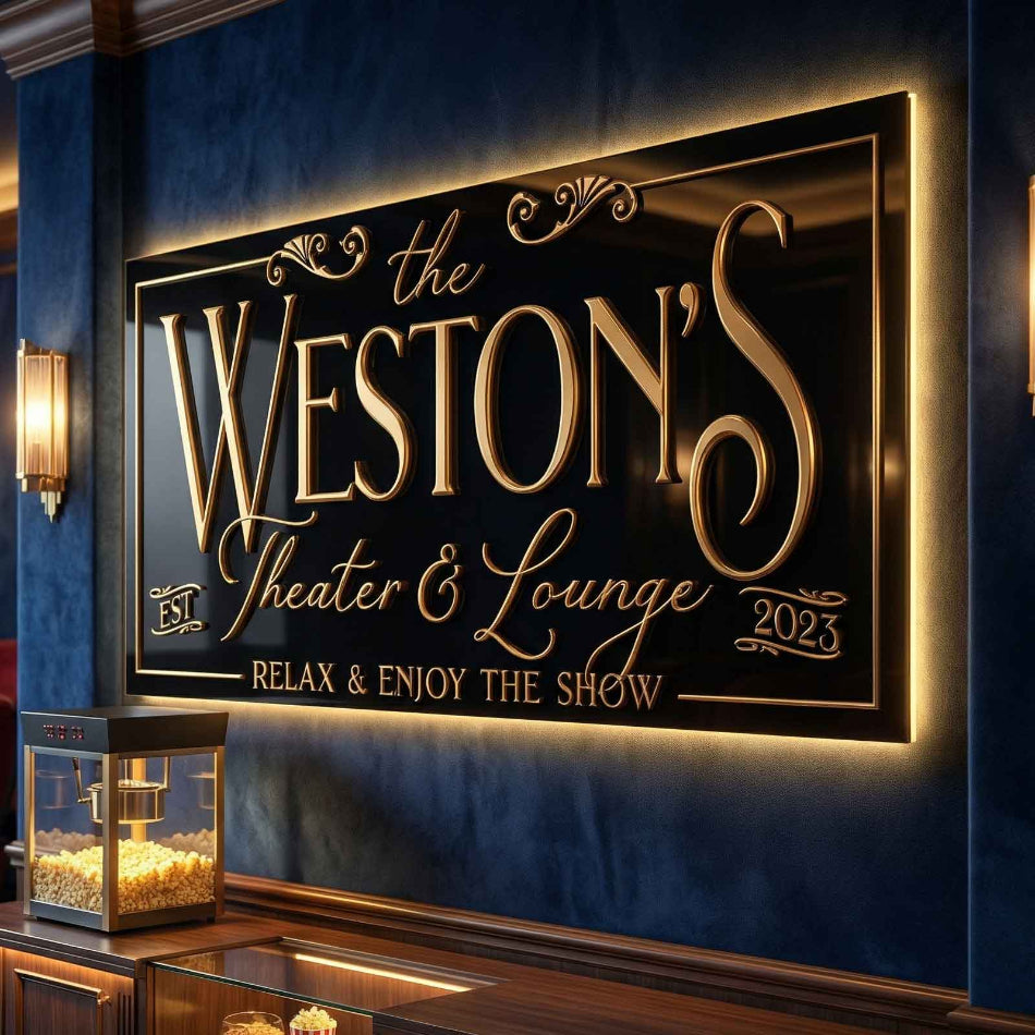 acrylic home theater sign for 'The Weston's Theater & Lounge' with gold text on a dark background.