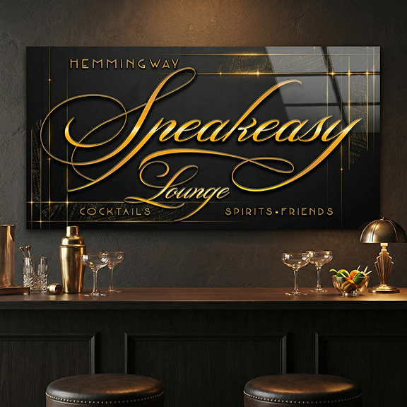 Decorative acrylic sign for 'Hemmingway Speakeasy Lounge' with cocktail shakers and glasses on a bar counter.