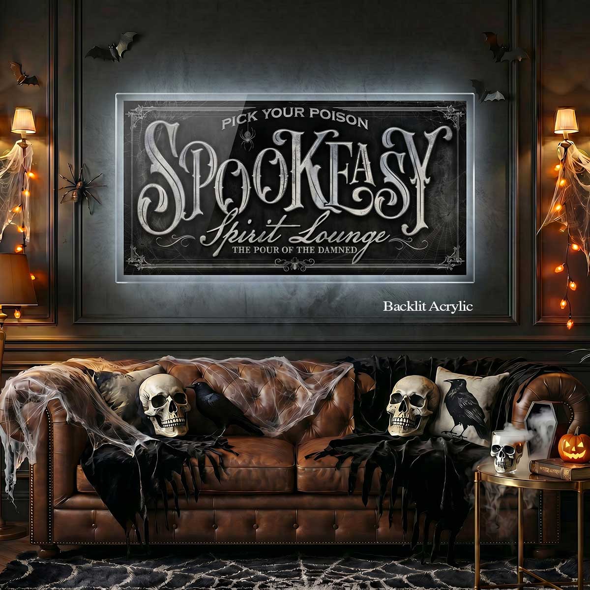 backlit spookeasy sign over couch
