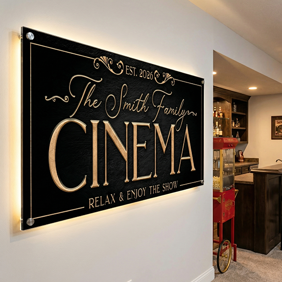 Personalized cinema sign on a wall with a home theater in the background