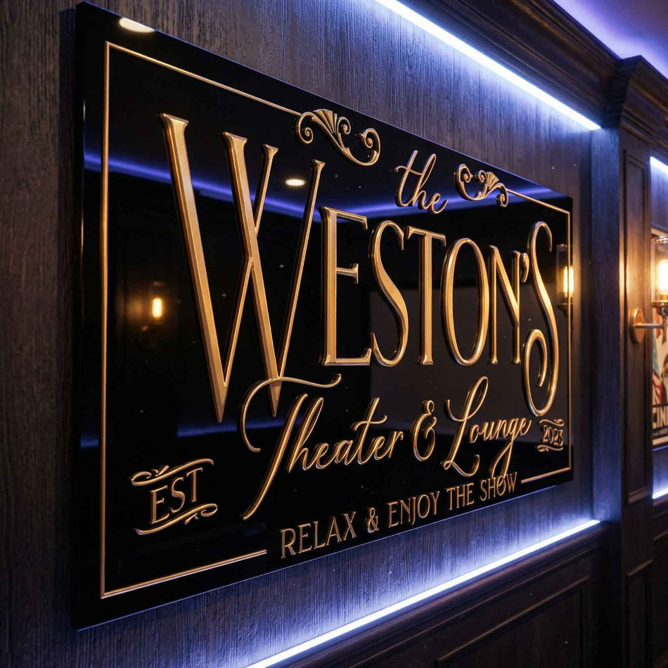 Acrylic theater room sign for 'The Weston's Theater & Lounge' with gold text on a dark background.