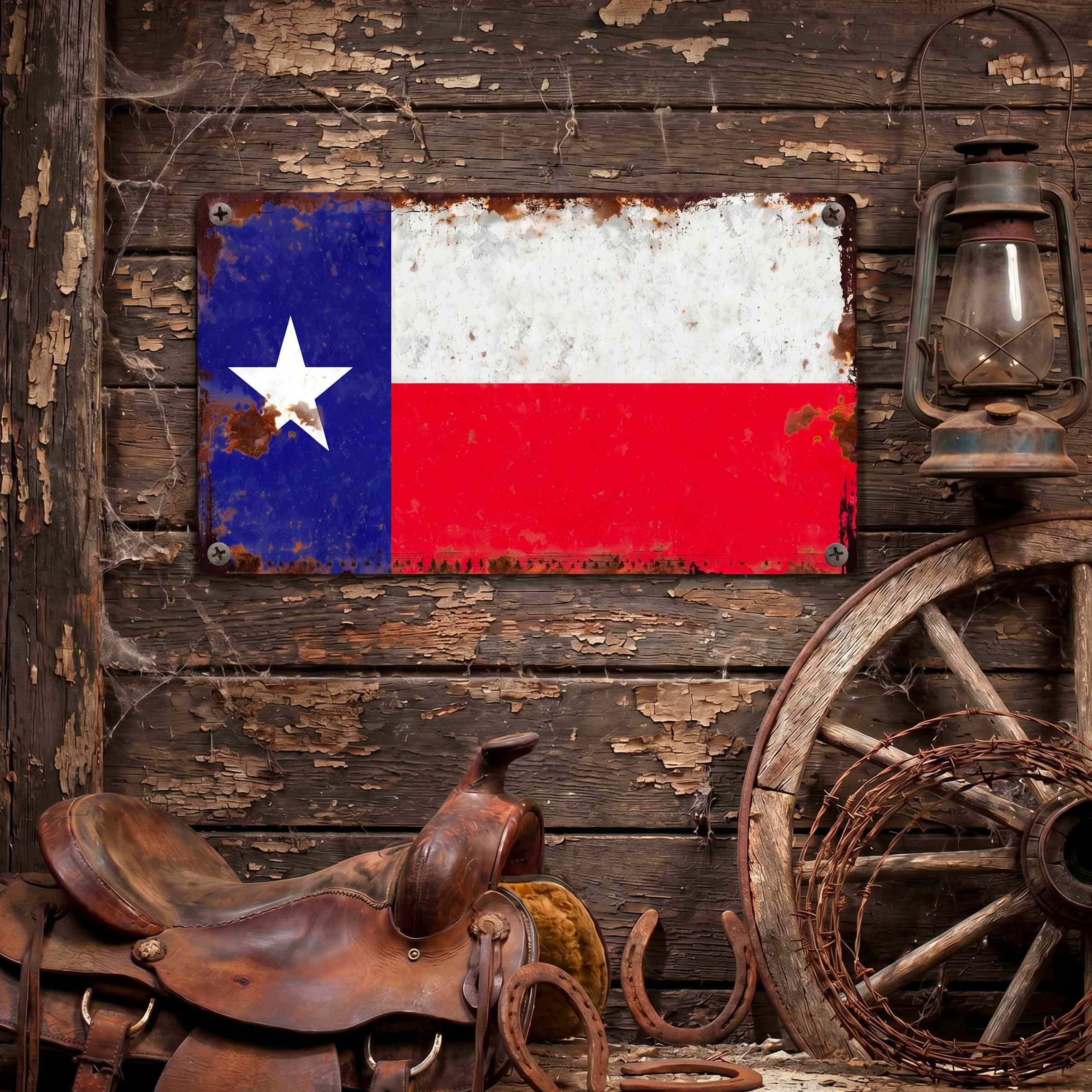 Aged metal Texas state flag with a distressed, weathered finish, mounted on a dark wooden plank wall. The scene is styled with western props including a brown leather saddle, a vintage lantern, a wooden wagon wheel, and horseshoes.