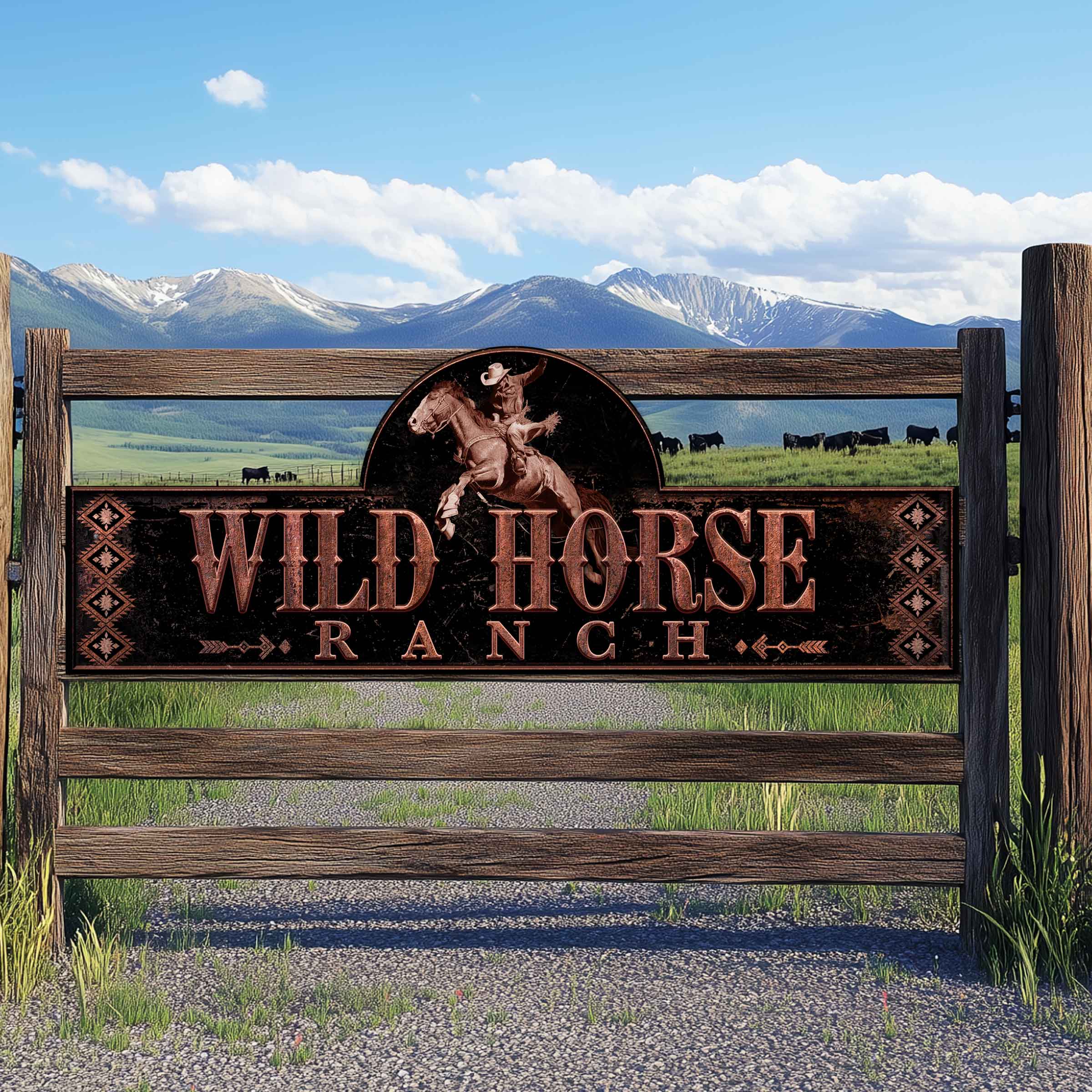 Aluminum cattle ranch sign on wooden fence near mountains