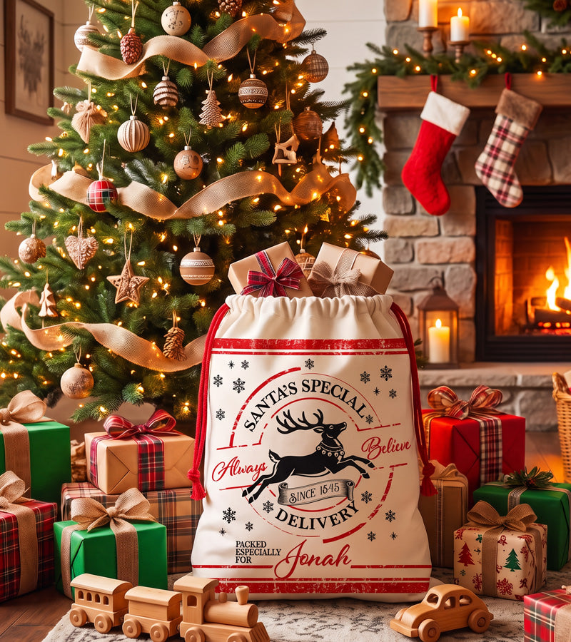 Always Believe reindeer Christmas sack packed with wrapped presents and wooden toys