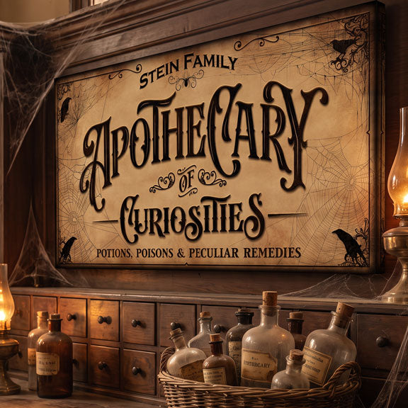 Antique apothecary sign draped in cobwebs beside an oil hurricane lamp above a wall of apothecary drawers