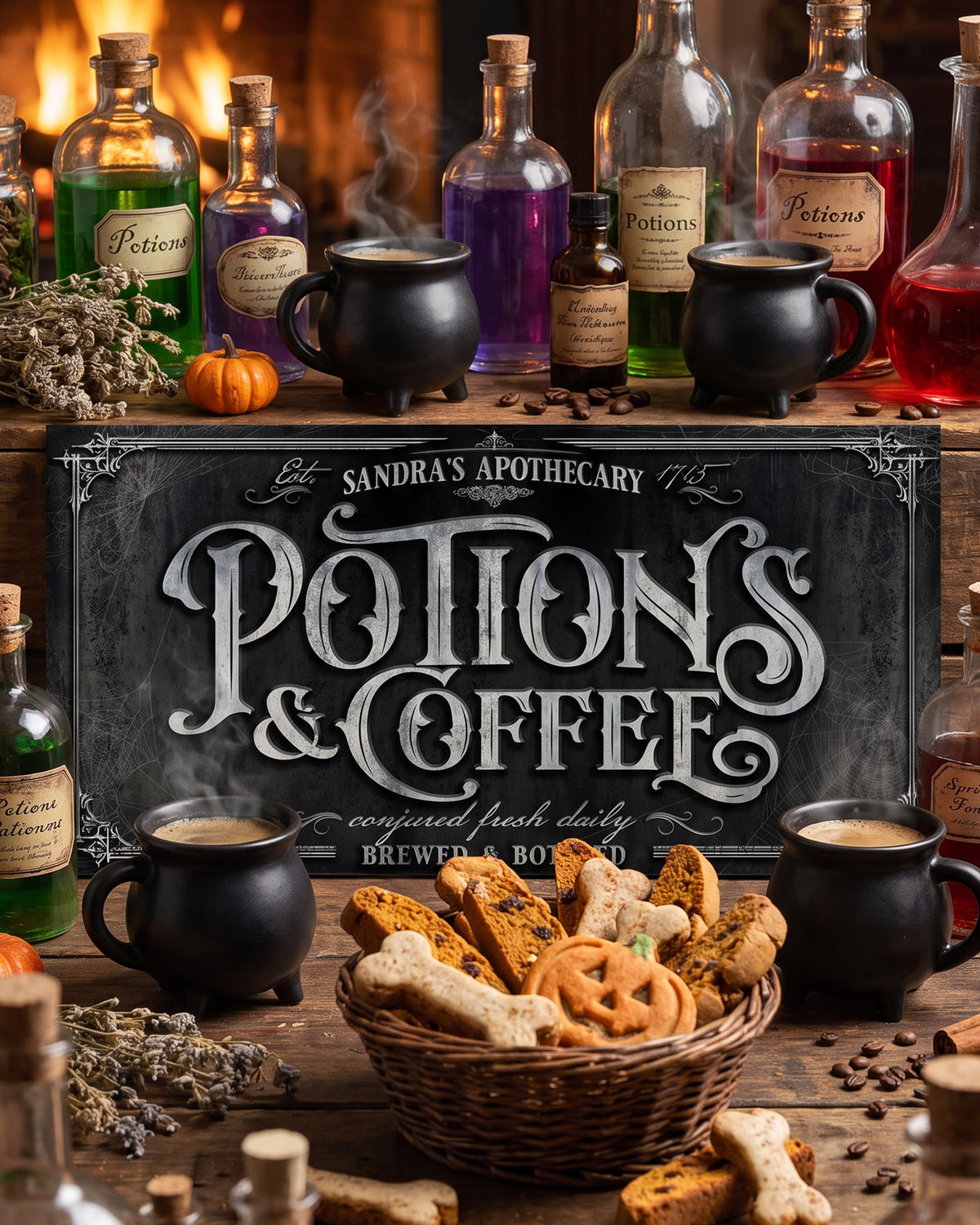 Potions and Coffee sign among coloured apothecary bottles, cauldron mugs and Halloween cookies