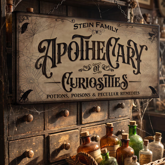 Apothecary halloween decor sign hanging from a chain over peg drawers and corked amber and green bottles