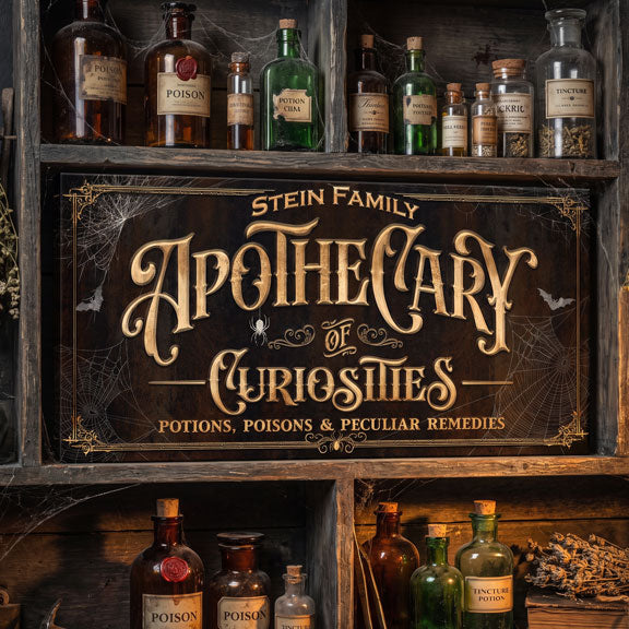 Apothecary of Curiosities sign, witch apothecary halloween decor in a wooden cabinet of poison and tincture bottles