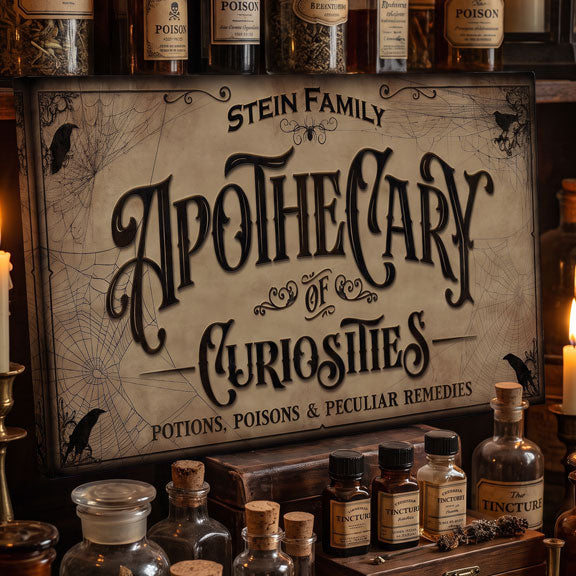 Apothecary wall art with a custom family name, flanked by taper candles below a shelf of poison bottles