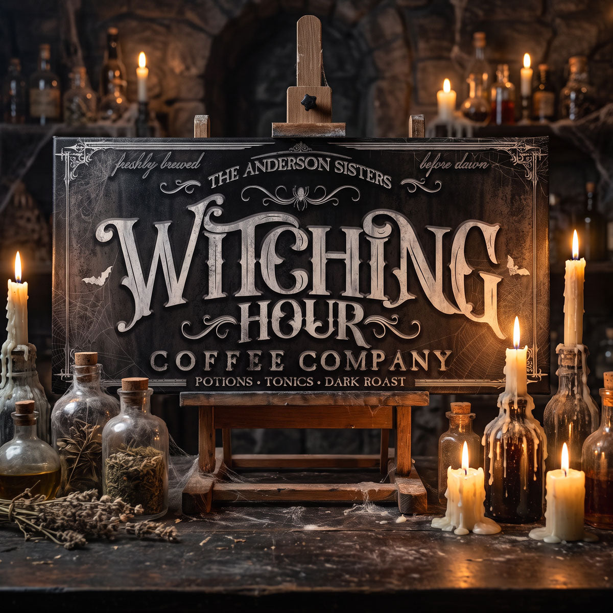 Witching Hour coffee sign in a candlelit cellar surrounded by apothecary bottles and dried herbs
