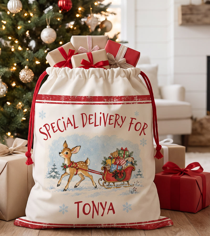 Baby Christmas gift bag personalized with a name, watercolour fawn and sleigh design, under a decorated Christmas tree