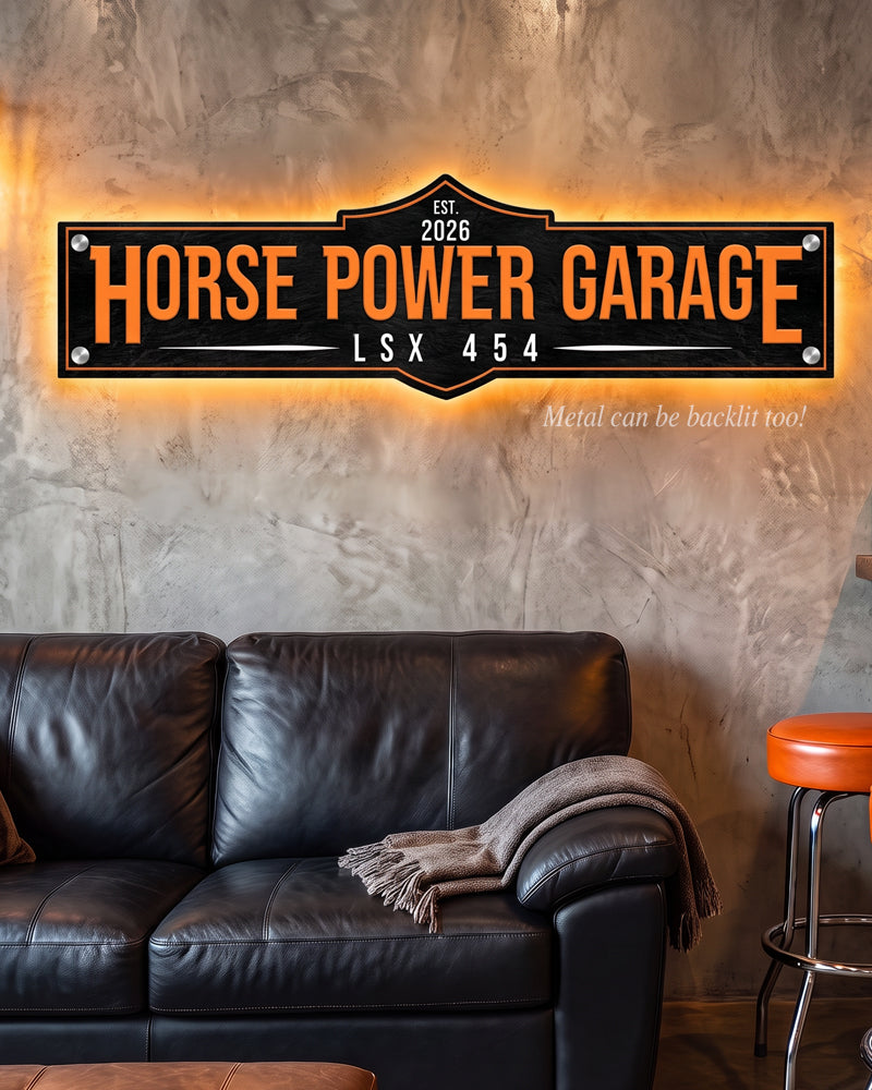 Backlit metal man cave sign, personalized garage sign on silver standoffs with an orange glow behind it