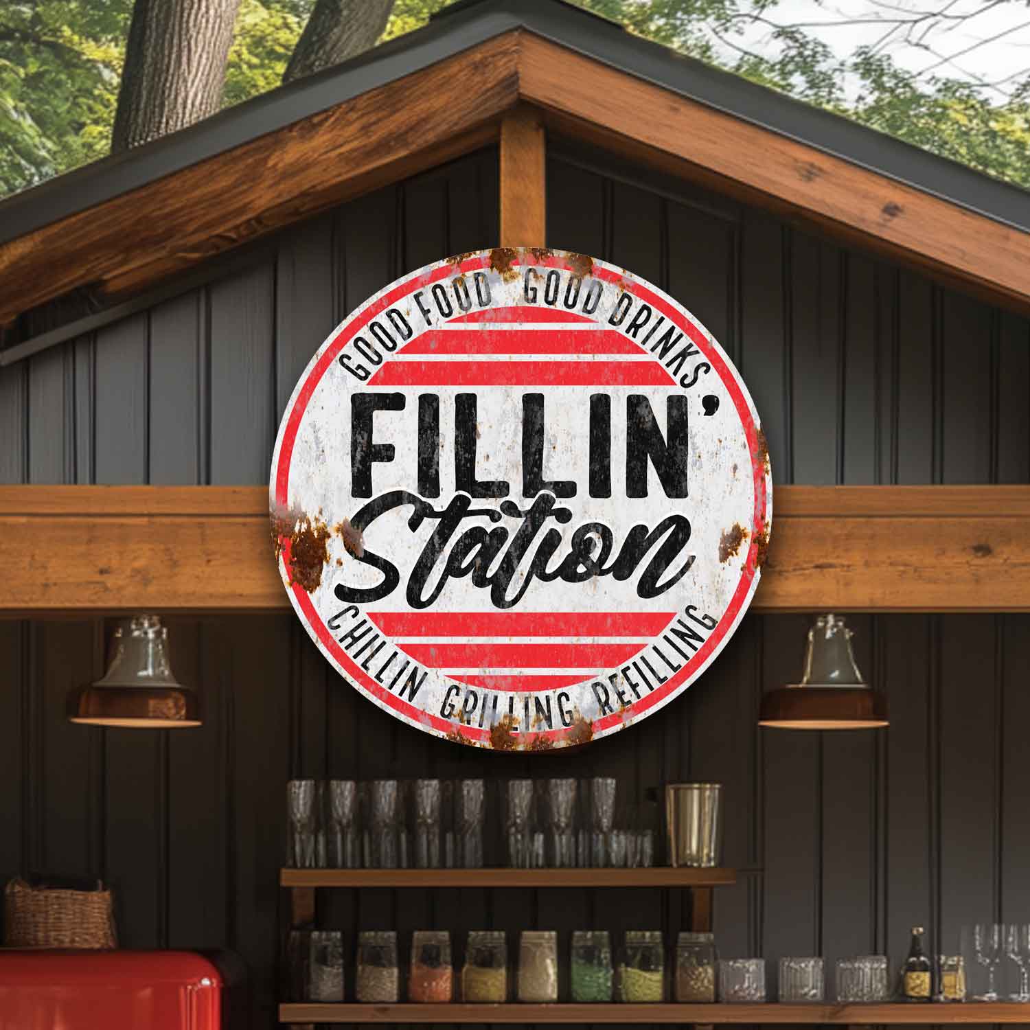 backyard grill sign made of metal, white with rust and black, red wording that says Fillin' Station