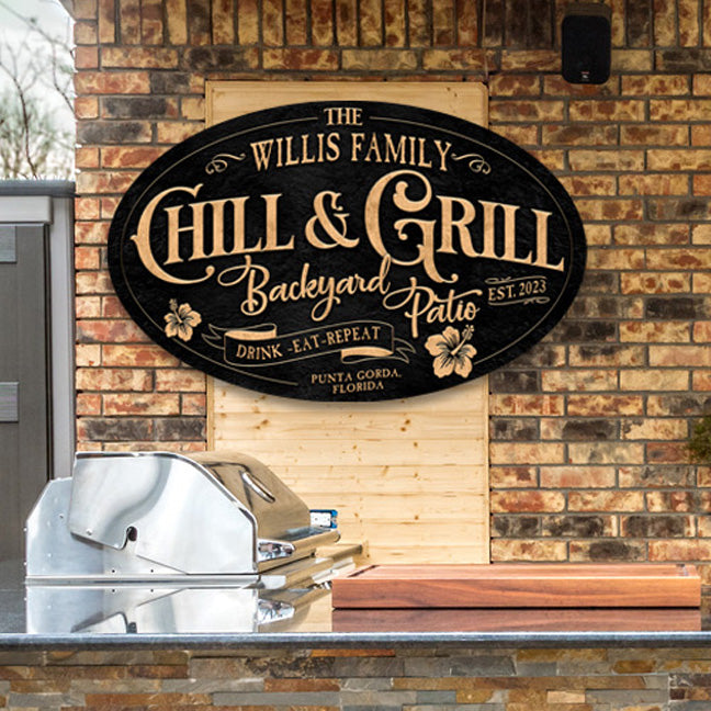 bar and grill sign on black textured background with the words - Chill & Grill backyard Patio personalized