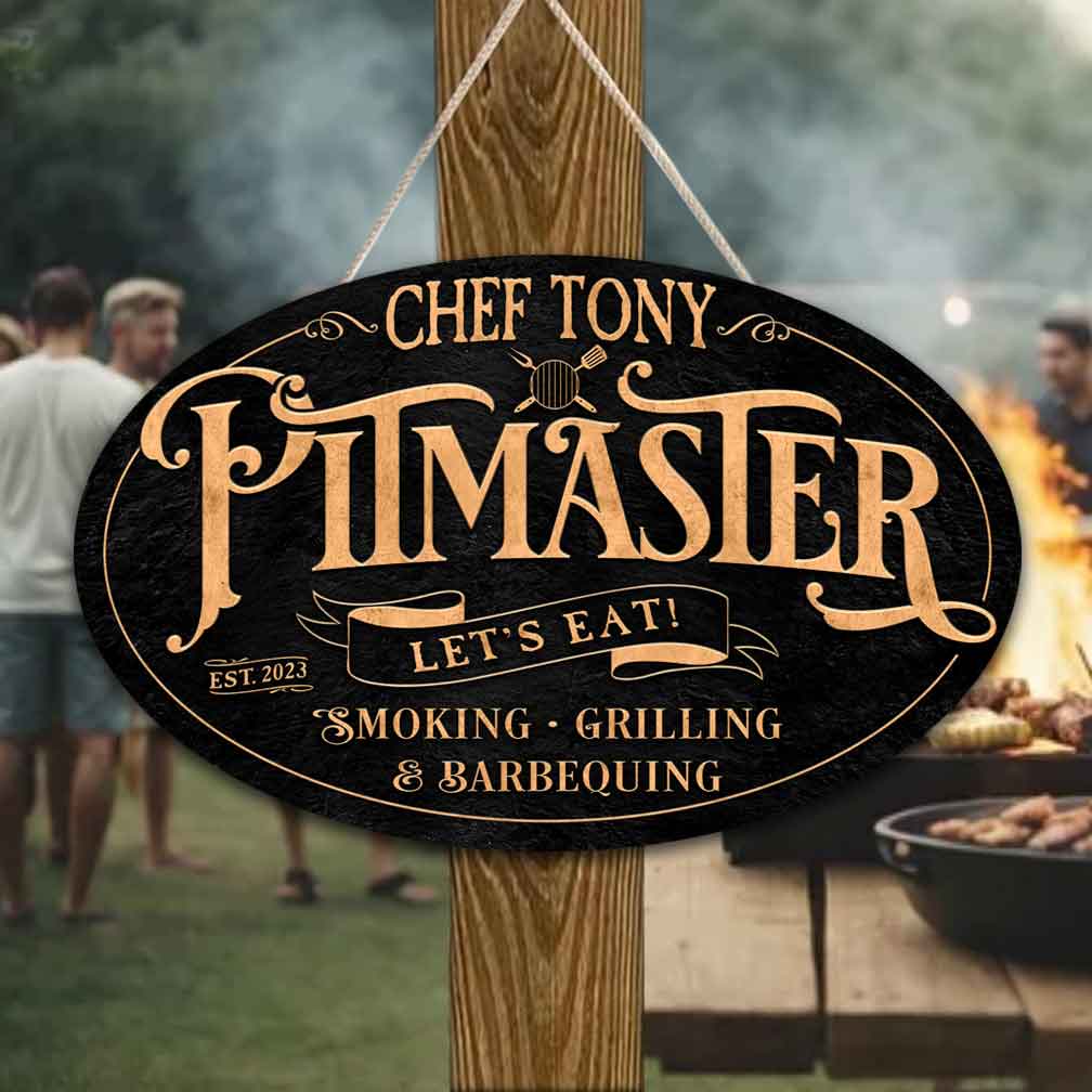 Bar and grill sign Pitmaster - set on dark textured background with personalized name and text