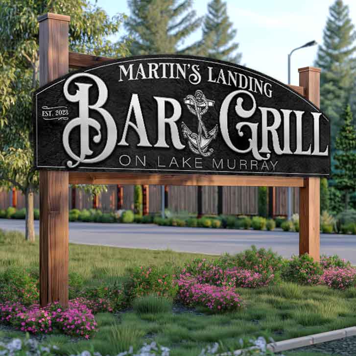 Bar and grill sign for business and home on black textured background with silver words that say Bar and grill .