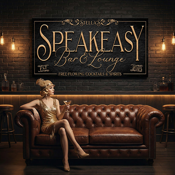 Woman in a gold dress sitting on a brown leather couch in a speakeasy bar with a 'Stella's Speakeasy Bar & Lounge' sign.