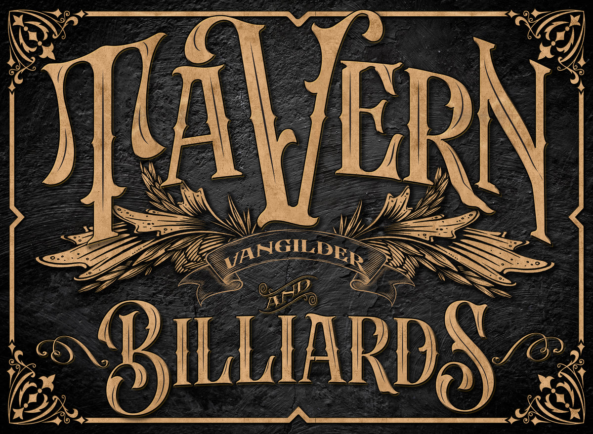 Bar Sign Tavern and Billiards - on black Canvas Art Print with the words { Tavern and Billiards} with family name. Perfect Bar sign