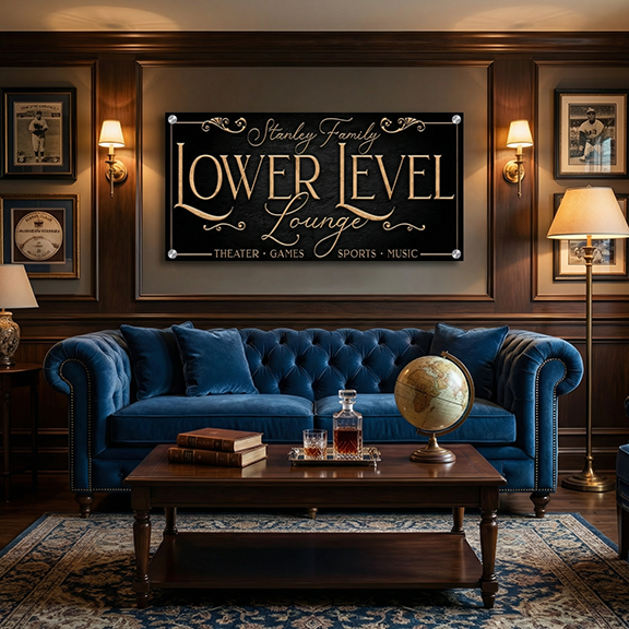 Bar sign lower level luxurious living room with a blue sofa, wooden coffee table, and 'Lower Level Lounge' sign.