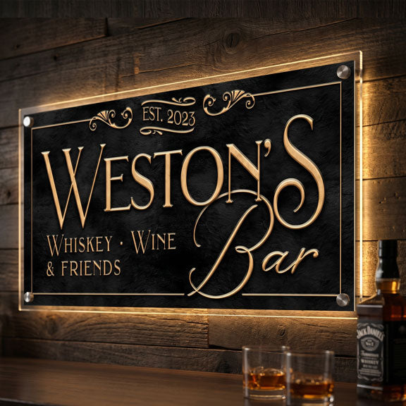 personalized bar sign made of acrylic and backlit.
