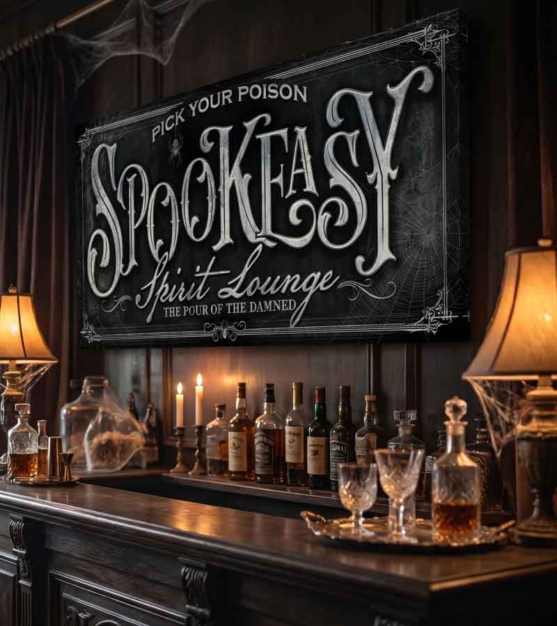 bar sign for halloween that says Spookesays Spirit Lounge