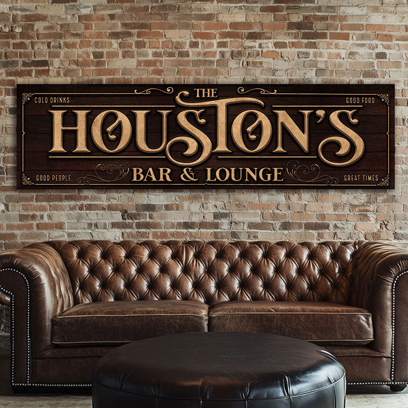 bar signs by tailor made rooms on dark brown wood (faux) with gold letters