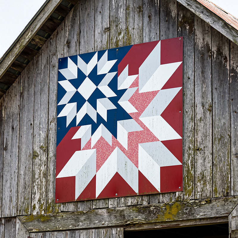 Barn art quilt block in red, white and navy on the weathered grey siding of an old timber barn