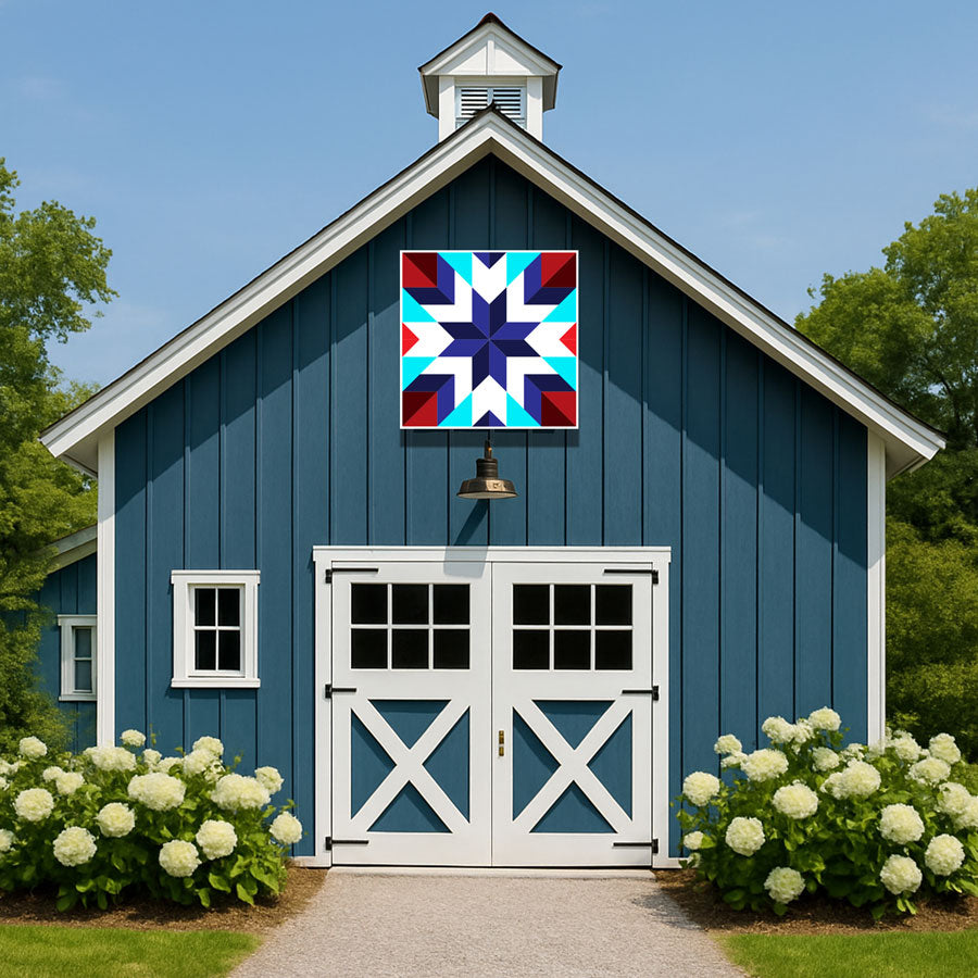 Barn quilt mounted outdoors on a blue barn, weatherproof eight point star block in cyan and navy
