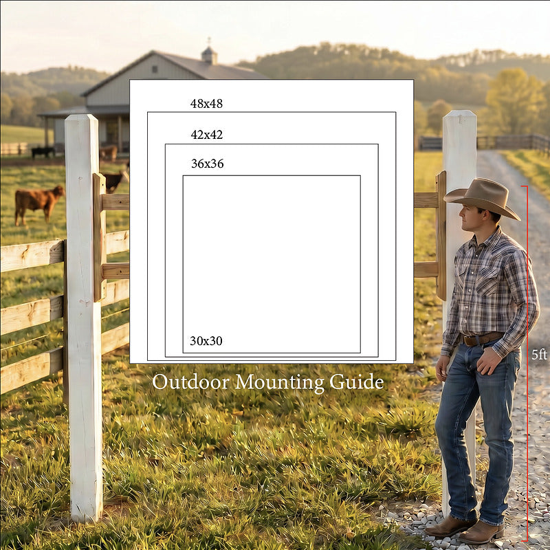 Barn quilt outdoor mounting guide comparing 30x30, 36x36, 42x42 and 48x48 inch sizes against a five foot person beside a barn and fence